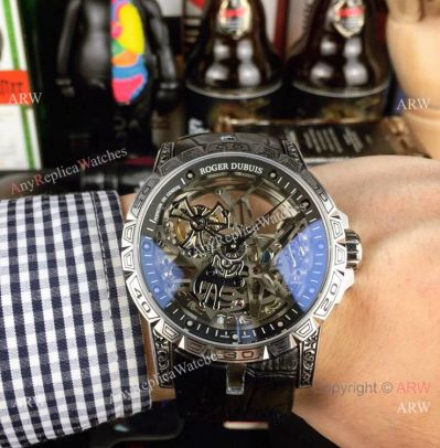 Copy Roger Dubuis Excalibur 46 Skeleton Men Watch SS Black Leather Strap